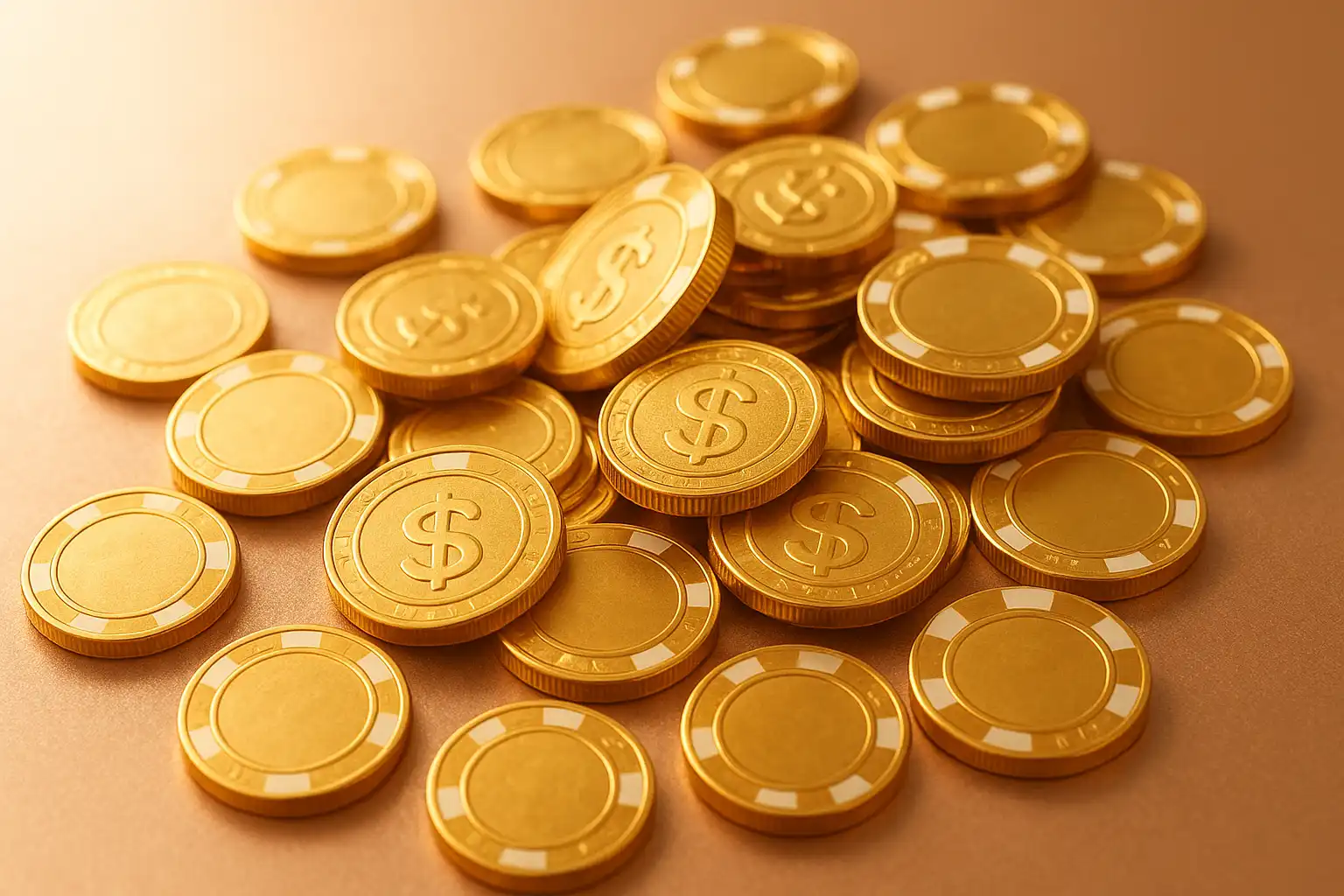 Golden bonus chips and coins spilling across a rose gold table